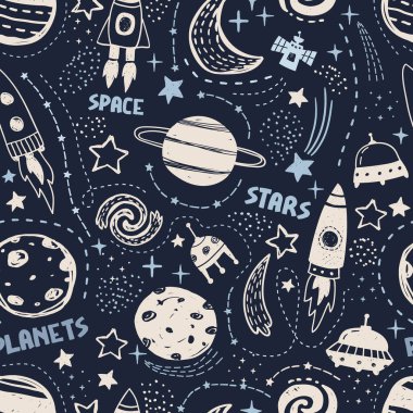 Kusursuz şirin uzay deseni. Bebek kıyafetleri, bebek yatağı, duvar kağıtları, defter kılıfları vs. için iyidir..