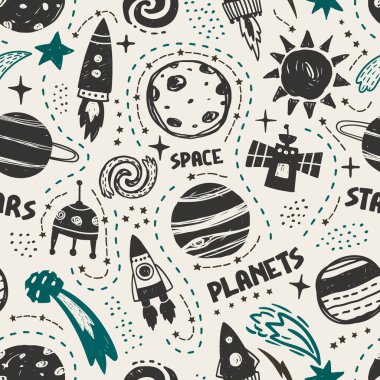 Kusursuz şirin uzay deseni. Bebek kıyafetleri, bebek yatağı, duvar kağıtları, defter kılıfları vs. için iyidir..