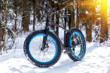 Güneşli bir kış ormandaki Fatbike