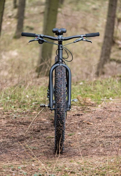 Big black bicycle with big wheels in the forest