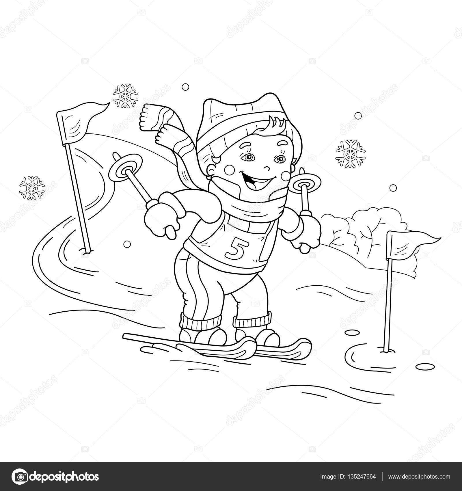 Kleurplaat Pagina Overzicht Van Cartoon Jongen Rijden Op Skis