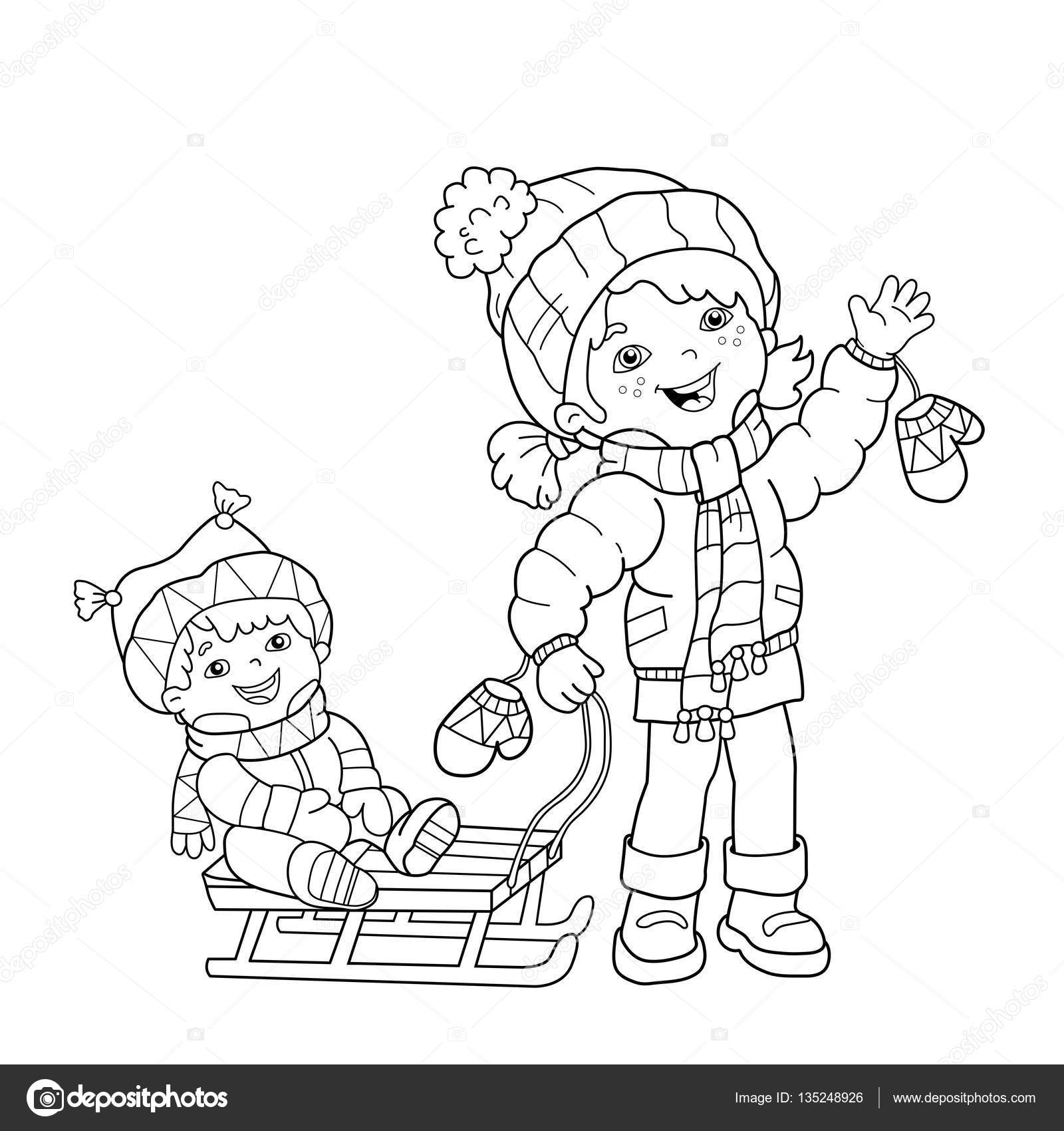 Disegni da colorare pagina muta della ragazza del fumetto con il fratello lo slittino Inverno Libro da colorare per bambini — Vettoriali di Oleon17