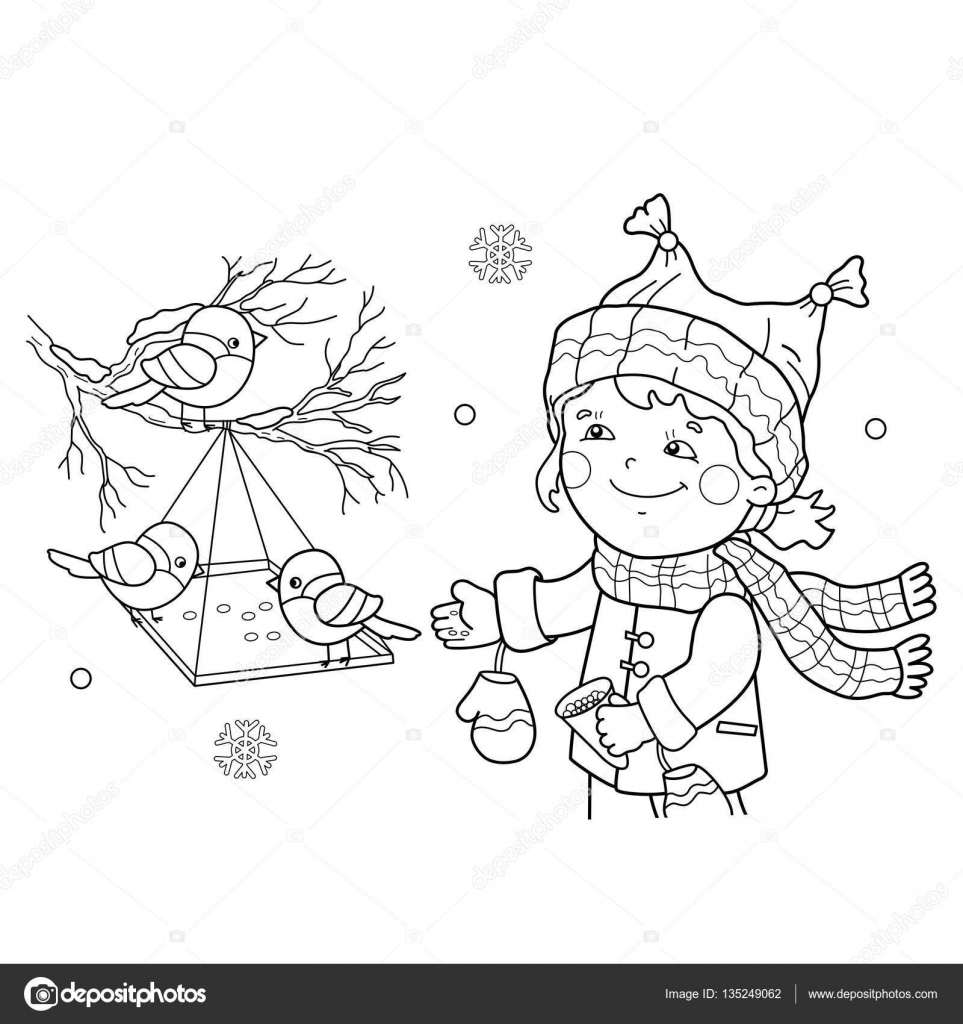 Download Coloring Page Outline Of cartoon girl feeding birds. Bird ...