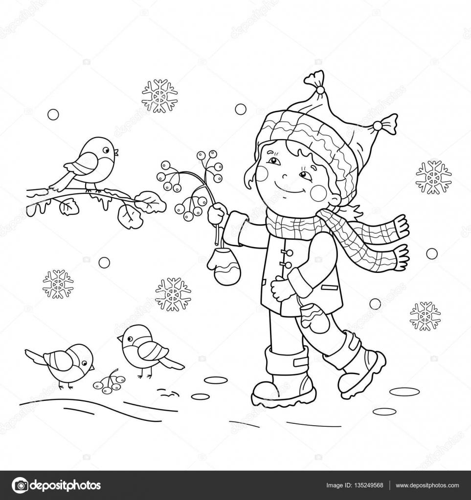 Aper§u de la Page de dessin animé   colorier oiseaux alimentation fille Hiver Livre de coloriage pour