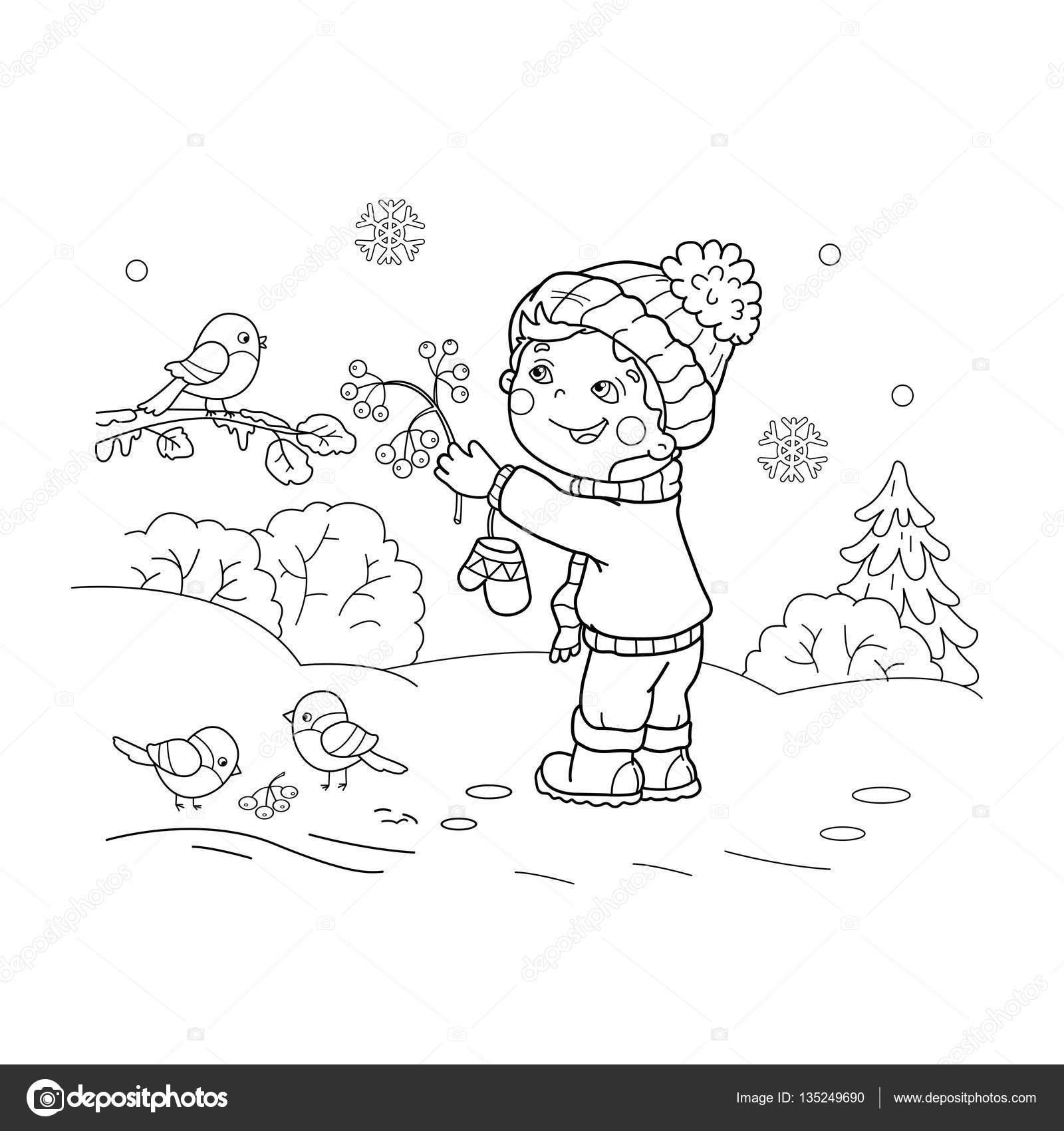 Coloring Page Outline Of Cartoon Boy Feeding Birds Winter
