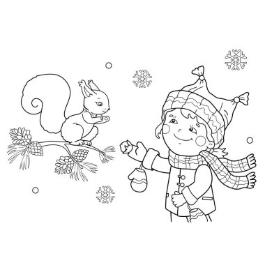 Bir sincap besleme sayfa anahat, karikatür kız boyama. Kış. Çocuklar için boyama kitabı
