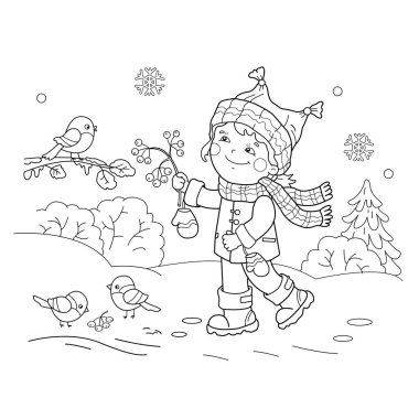 Sayfa anahat, karikatür kız beslenme kuşlar boyama. Kış. Çocuklar için boyama kitabı