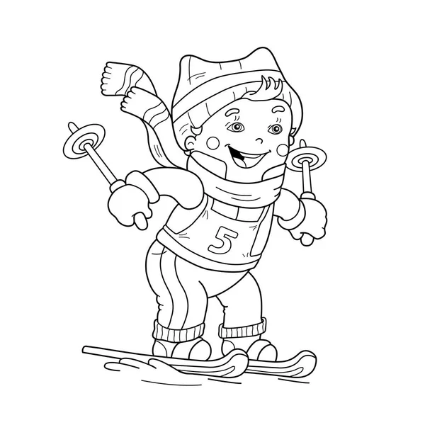 Χρωματισμός σελίδα διάρθρωσης των κινουμένων σχεδίων αγόρι ιππασίας για σκι. Χειμερινά σπορ. Χρωματίζοντας βιβλίο για τα παιδιά — Διανυσματικό Αρχείο