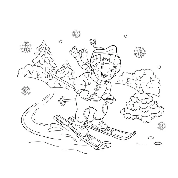 Kayaklar üzerinde binme boyama sayfa anahat, çizgi film çocuk. Kış sporları. Çocuklar için boyama kitabı — Stok Vektör