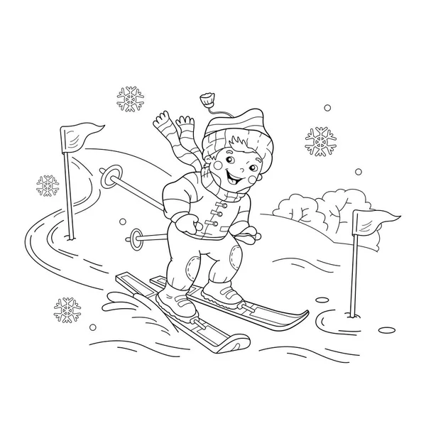 Barevné stránky osnovy z kreslené chlapce na lyže. Zimní sporty. Omalovánky pro děti — Stockový vektor