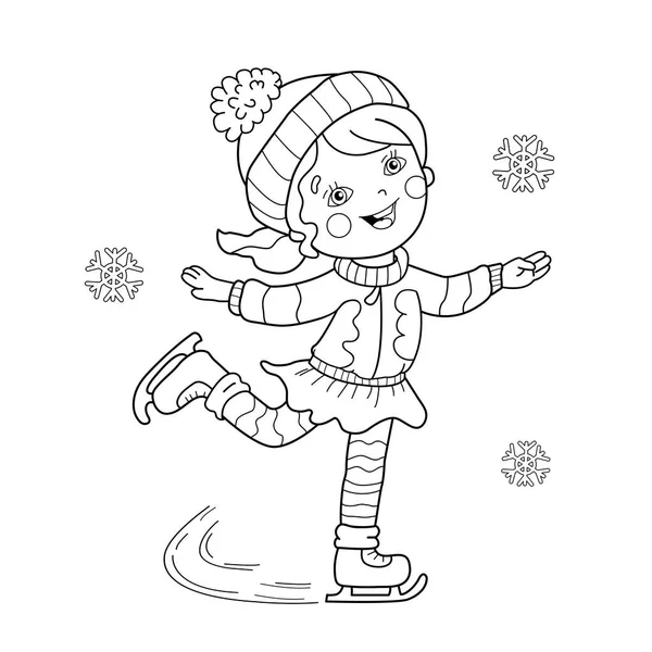 Página para colorear Esquema de dibujos animados niña patinaje. Deportes de invierno. Libro para colorear para niños — Archivo Imágenes Vectoriales