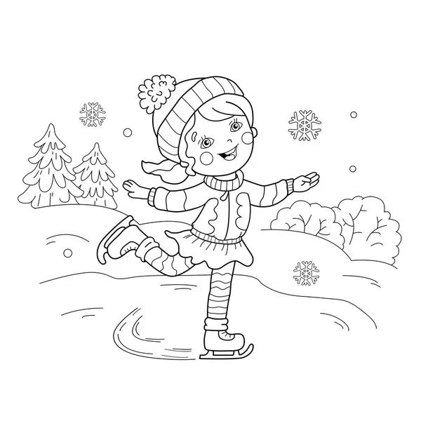 Desenho de página para colorir de desenho animado menina patinação. Desportos de Inverno. Livro para colorir para crianças — Vetor de Stock