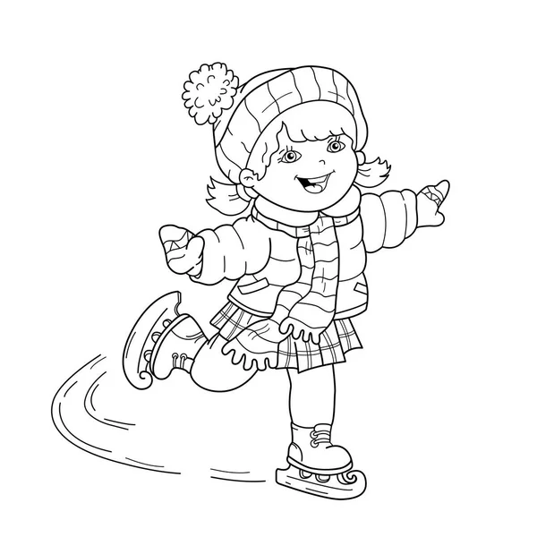 Página para colorear Esquema de dibujos animados niña patinaje. Deportes de invierno. Libro para colorear para niños — Vector de stock