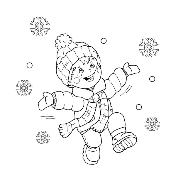 Desenho da página de colorir do menino dos desenhos animados que salta da alegria. Primeira neve. Inverno. Livro para colorir para crianças — Vetor de Stock