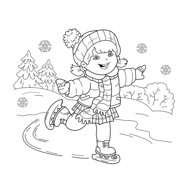 Zbarvení stránky obrys kreslené dívky bruslení. Zimní sporty. Omalovánky pro děti — Stockový vektor