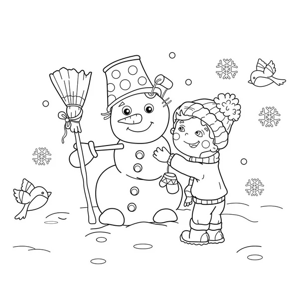 Barevné stránky osnovy z kreslené chlapce s sněhulák. Zima. Omalovánky pro děti — Stockový vektor