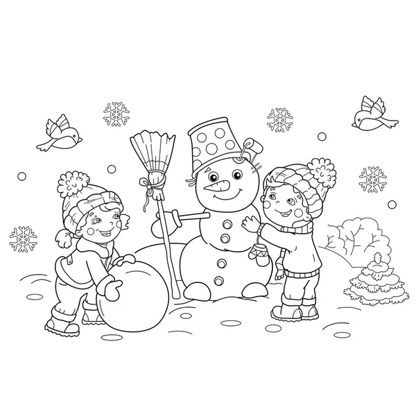 Página para colorear Esquema de niño de dibujos animados con chica haciendo muñeco de nieve juntos. El invierno. Libro para colorear para niños — Archivo Imágenes Vectoriales