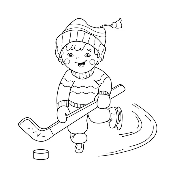 Окраска контура мультяшного мальчика, играющего в хоккей. Зимние виды спорта. Раскраска для детей — стоковый вектор