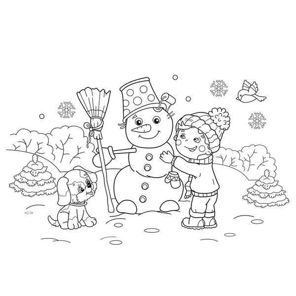 Desenho da página de colorir do menino dos desenhos animados que faz boneco de neve com cão. Inverno. Livro para colorir para crianças — Vetor de Stock