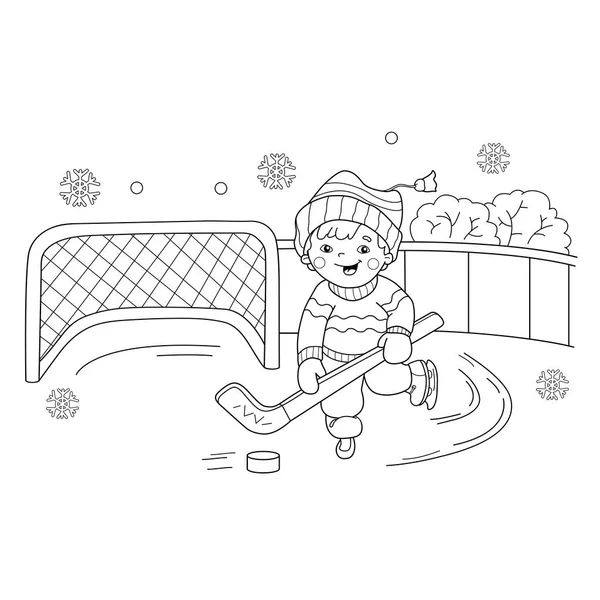 Desenho de Desenho de Desenhos Animados a jogar hóquei. Desportos de Inverno. Parque infantil. Livro para colorir para crianças — Vetor de Stock