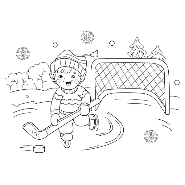 Desenho de Desenho de Desenhos Animados a jogar hóquei. Desportos de Inverno. Parque infantil. Livro para colorir para crianças — Vetor de Stock