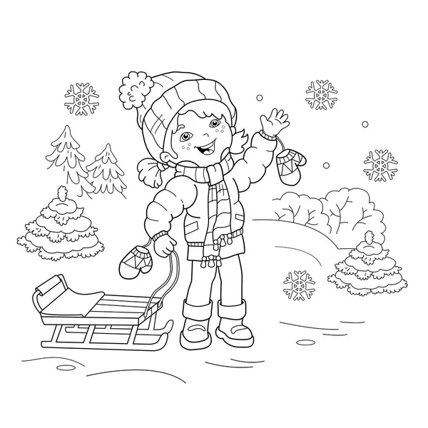 Coloring Page Outline of cartoon girl with sled. Зима. Раскраска для детей — стоковый вектор