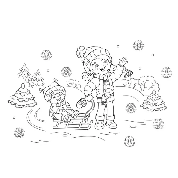Coloring Page Outline Of cartoon girl with brother sledding. Winter. Coloring book for kids — Stock Vector