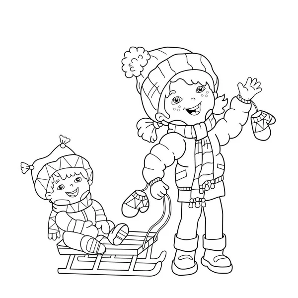 Página para colorear Esquema de la chica de dibujos animados con hermano trineo. El invierno. Libro para colorear para niños — Vector de stock