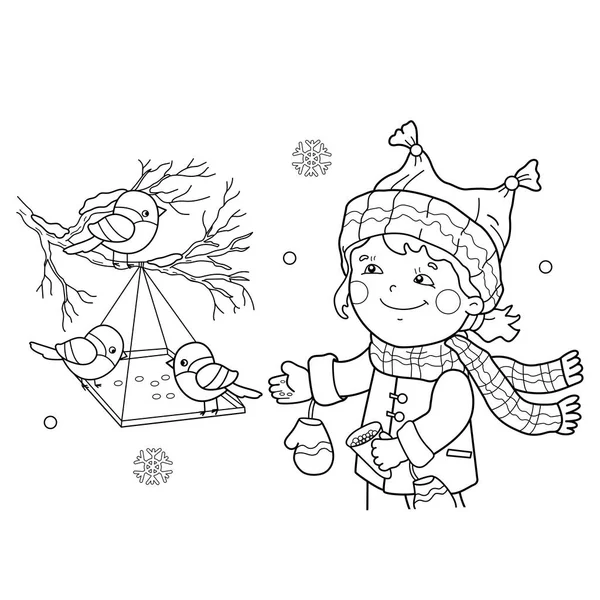 Kleurplaat pagina overzicht van cartoon meisje voeding vogels. Vogelhuis/waterbak. Winter. Kleurboek voor kinderen — Stockvector