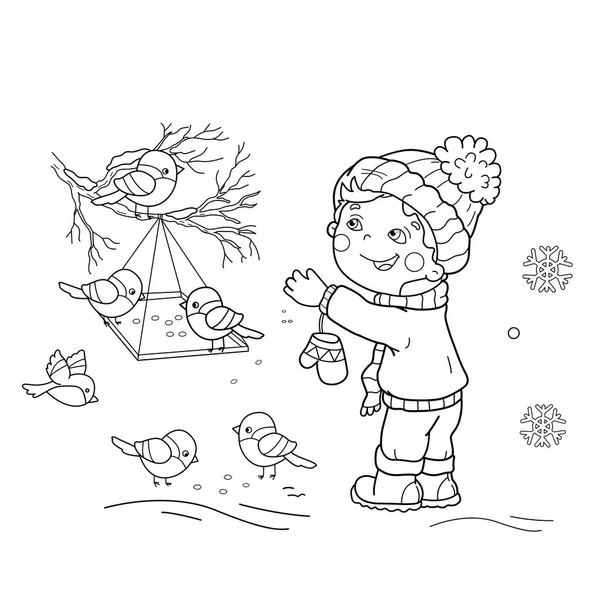 Desenho da página de colorir de menino dos desenhos animados alimentando pássaros. Alimentador de pássaros. Inverno. Livro para colorir para crianças — Vetor de Stock