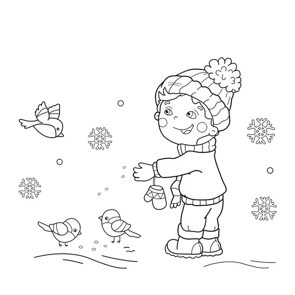 Página para colorear Esquema de dibujos animados niño alimentando aves. El invierno. Libro para colorear para niños — Archivo Imágenes Vectoriales