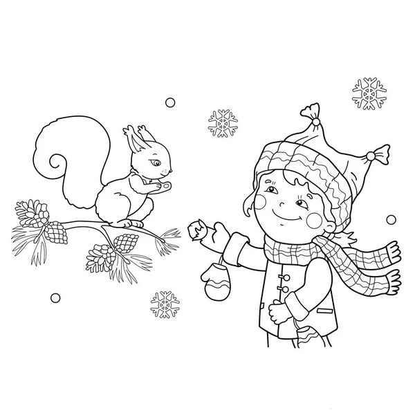 Desenho de página para colorir de menina dos desenhos animados alimentando um esquilo. Inverno. Livro para colorir para crianças —  Vetores de Stock