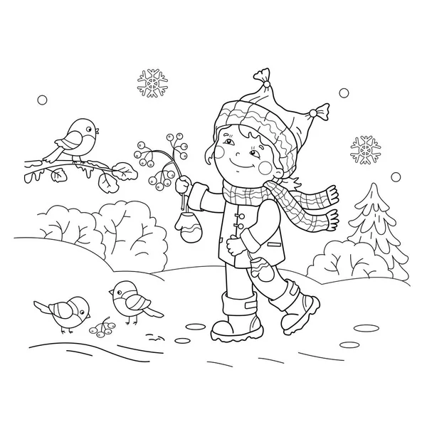 Coloriage Aperçu De dessin animé fille nourrir les oiseaux. L'hiver. Livre à colorier pour enfants — Image vectorielle