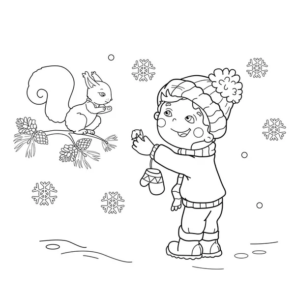 Coloring Page Outline Of cartoon boy feeding a squirrel. Winter. Coloring book for kids — Stock Vector