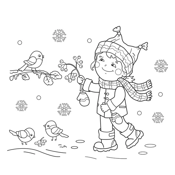 Desenho de página para colorir de menina dos desenhos animados alimentando pássaros. Inverno. Livro para colorir para crianças — Vetor de Stock