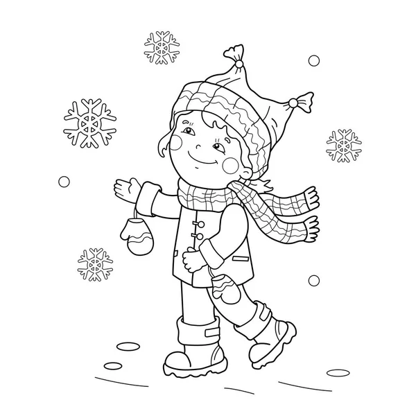 Färgläggning sida disposition av tecknad flicka jubel i den första snön. Vintern. Målarbok för barn — Stock vektor