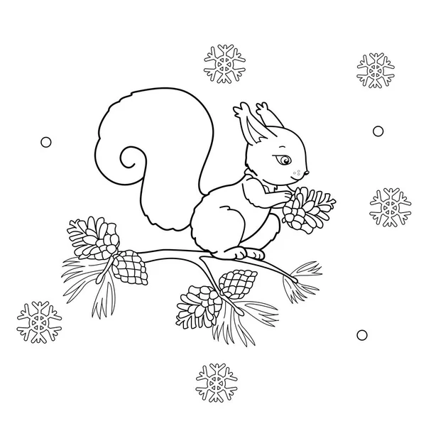 Kolorowanki Strona konspektu z wiewiórka kreskówki ze stożkiem. Zimą. Kolorowanka dla dzieci — Wektor stockowy