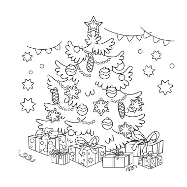 Sayfa anahat, karikatür Noel ağacı süsler ve hediyeler ile boyama. Noel. Yeni yıl. Çocuklar için boyama kitabı