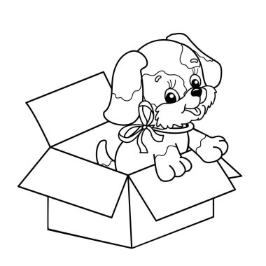 Şirin köpek yavrusu kutusunda sayfa anahat, boyama. Yay ile karikatür köpek. Tatil hediyesi. Doğum günü. Çocuklar için boyama kitabı