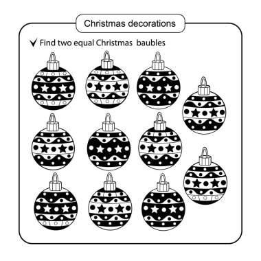 Puzzle için çocuklar. Çocuk akıl oyunu. Maç bulmak için çeşitli şeyler. Noel set topları.