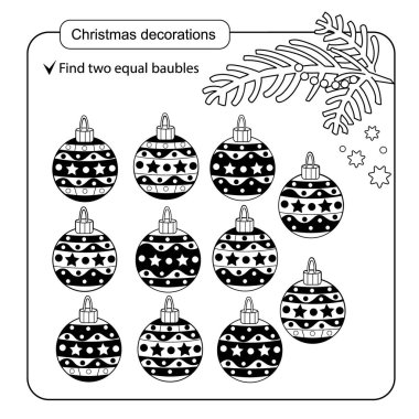 Puzzle için çocuklar. Çocuk akıl oyunu. Maç bulmak için çeşitli şeyler. Noel set topları.