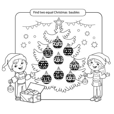 Puzzle için çocuklar. Çocuk akıl oyunu. Maç bulmak için çeşitli şeyler. Noel topları ayarlayın. Çocuklar için boyama sayfası