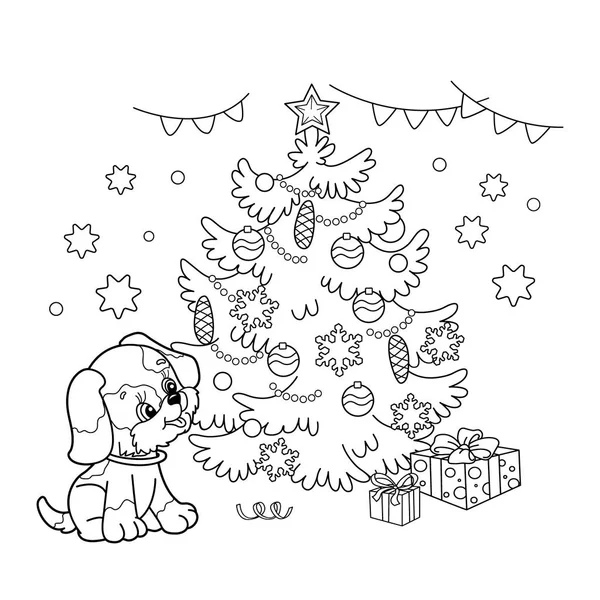 Desenho da página da coloração Da árvore de Natal com ornamentos e presentes com filhote de cachorro. O ano do cão. No Natal. Ano Novo. Livro para colorir para crianças —  Vetores de Stock