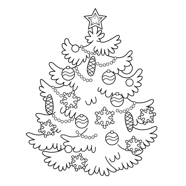 Kleurplaat pagina overzicht van cartoon kerstboom met versieringen en geschenken. Kerstmis. Nieuwjaar. Kleurboek voor kinderen — Stockvector