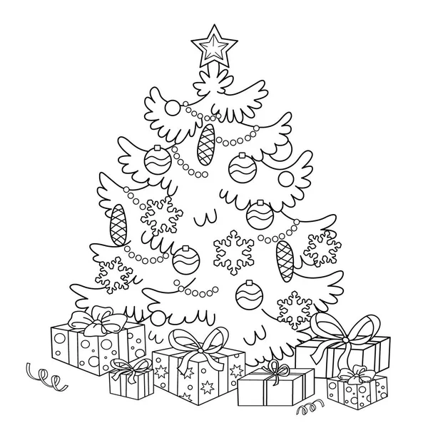 Coloriage Aperçu De dessin animé arbre de Noël avec des ornements et des cadeaux. Noël. Nouvel an. Livre à colorier pour enfants — Image vectorielle