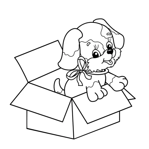 Página para colorear Esquema de lindo cachorro en la caja. Perro de dibujos animados con arco. Regalo para las vacaciones. Cumpleaños. Libro para colorear para niños — Vector de stock