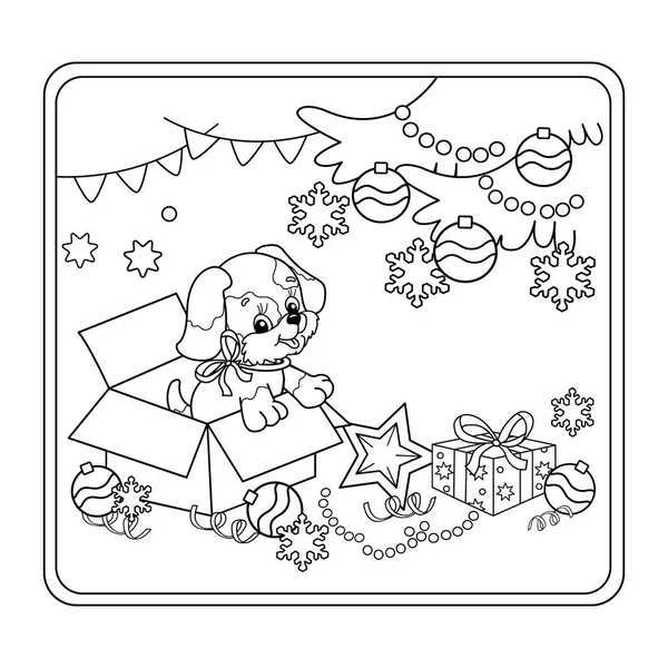 Desenho da página da coloração Da árvore de Natal com ornamentos e presentes com filhote de cachorro. O ano do cão. No Natal. Ano Novo. Livro para colorir para crianças — Vetor de Stock