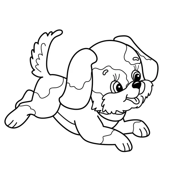 Coloriage contour de chiot mignon. Dessin animé joyeux chien sautant. Les animaux. Livre à colorier pour enfants . — Image vectorielle