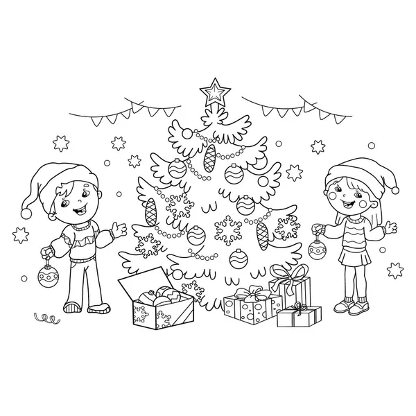 Kleurplaat pagina overzicht van versieren kinderen de kerstboom met versieringen en geschenken. Kerstmis. Nieuwjaar. Kleurboek voor kinderen — Stockvector