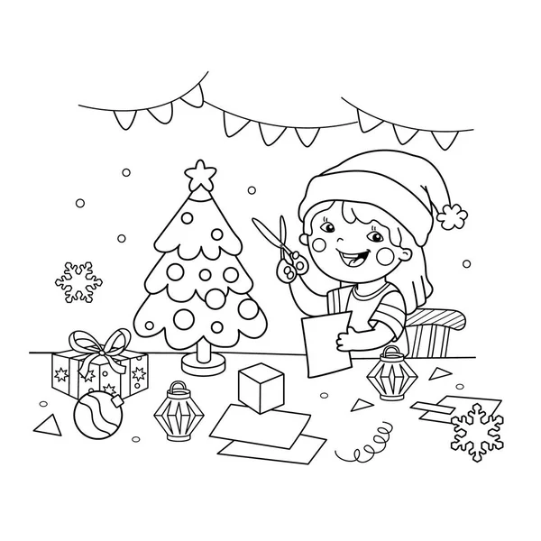 Página para colorear Esquema de la chica de dibujos animados haciendo linternas de papel de Navidad. Navidad. Año nuevo. Libro para colorear para niños — Vector de stock